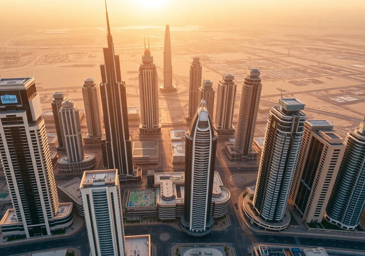 Vue aérienne du quartier d'affaires de Dubaï au coucher du soleil